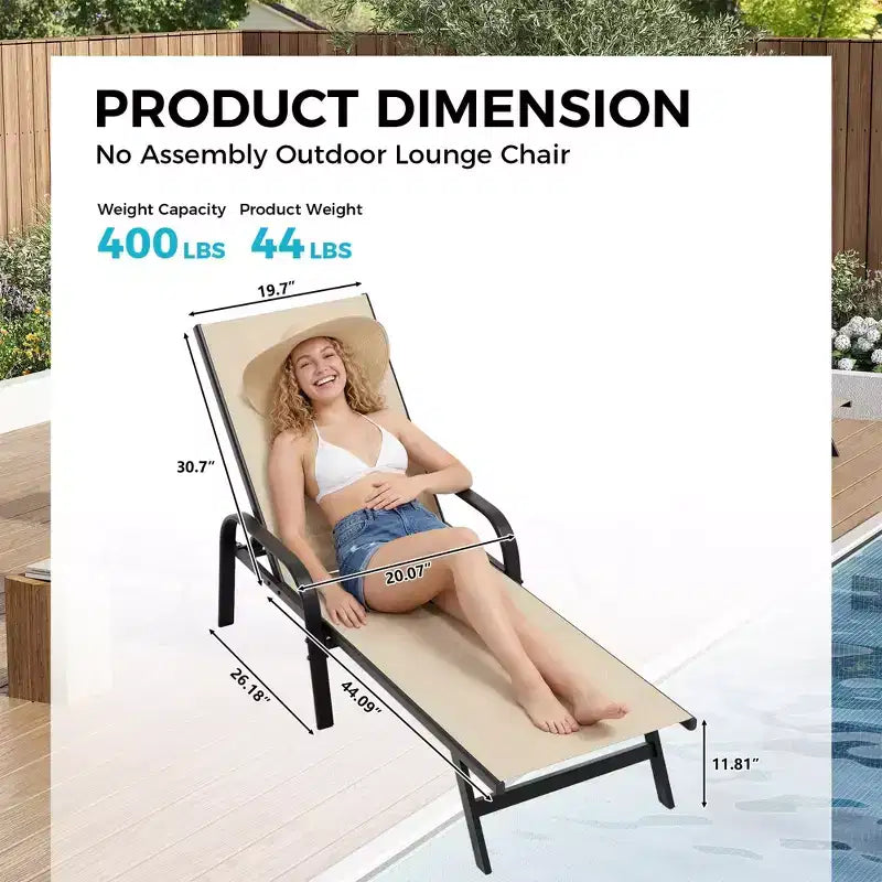 Outdoor Lounge Chair Set of 2  5-Position Adjustable Recliner, Textilene Fabric, 76 Pool Chaise for Patio, Garden & Poolside
