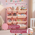 VECELO Kids Bookshelf Toy Storage with 12 Bins, Wooden Toy Rack for Toddlers, Large-Capacity Playroom Storage for Books or Toys
