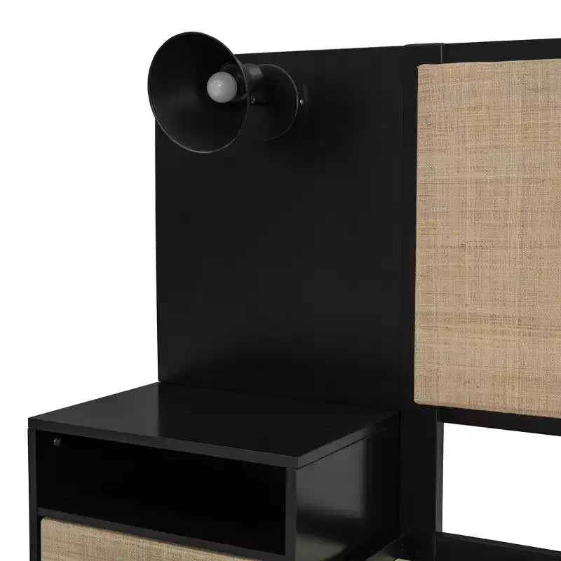 Queen Size Solid Wood Bed Frame with 2 Nightstands, Elegant Rattan and Wood Combination Platform Bed with Lamps - ModernLuxe