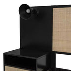 Queen Size Solid Wood Bed Frame with 2 Nightstands, Elegant Rattan and Wood Combination Platform Bed with Lamps - ModernLuxe