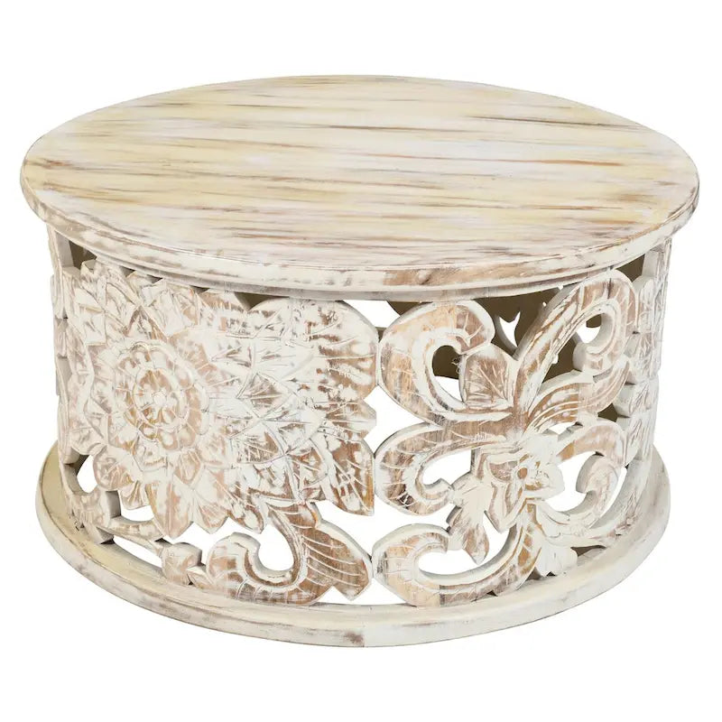 Alina Coffee Table Handcrafted Mango Wood Floral Carved Cut Out Design Distressed White Finish 33 Inch