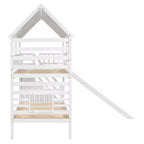 Whisen Twin over Twin House Bunk Bed with Trundle and Slide, Storage Staircase, Roof and Window Design