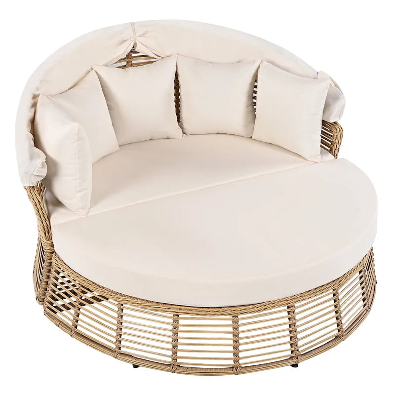 Outdoor Rattan Round Daybed with Canopy & Removable Cushions