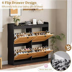 Shoe Storage Cabinet with 4 Flip Drawers, Wood Shoe Cabinet with Rattan Doors and Adjustable Shelves- Freestanding Shoe Organizer