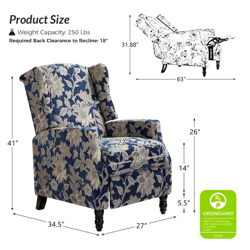 Mid-Century Modern Manual Pushback Recliner with Wingback Design