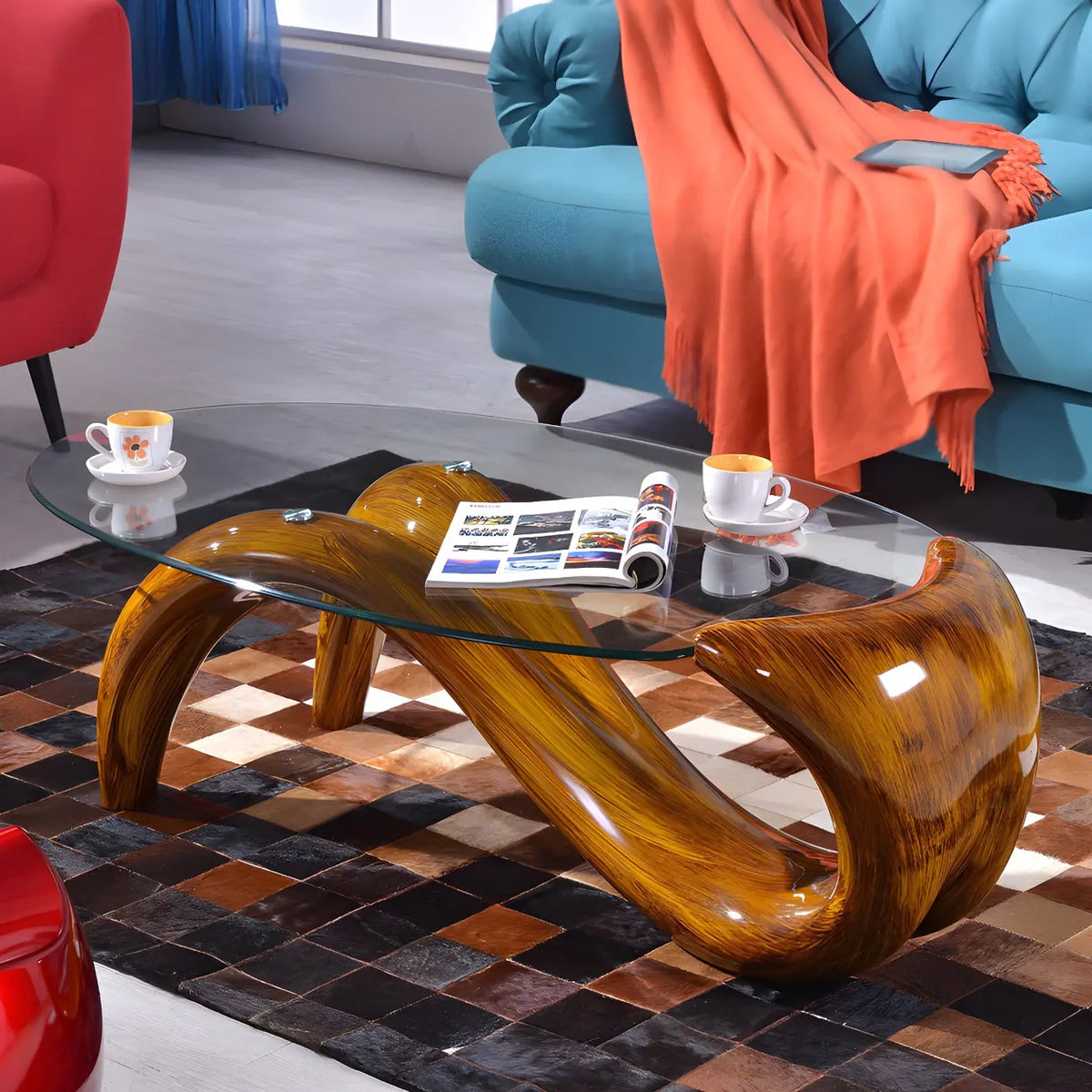 Abstract Modern Oval Glass Top Metal Base Coffee Table