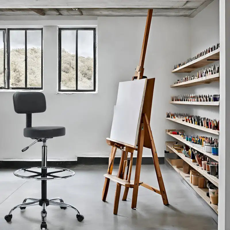 Height Adjustable Drafting Stool - With Premium Leather, Rolling Wheels