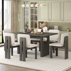 7 Piece Dining Table Set, Solid Wood Kitchen Table Set with Rectangular Table, Designed Trestle Base and 6 Upholstered Chairs