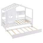 Twin Size House Bed with Trundle and Storage Shelf for Kids, White