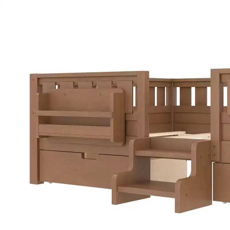 Bellemave Queen Size Toddler Bed with 14 Safety Guardrails, Space-saving Bed Frame with Built-in Bookshelves & 2 Under-Bed Storage Drawers