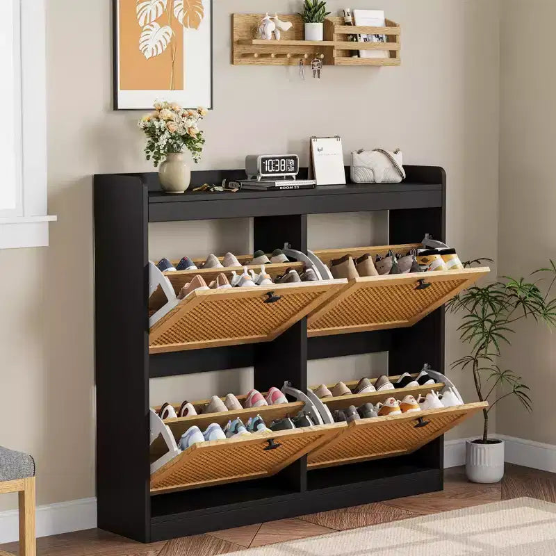 Shoe Storage Cabinet with 4 Flip Drawers, Wood Shoe Cabinet with Rattan Doors and Adjustable Shelves- Freestanding Shoe Organizer
