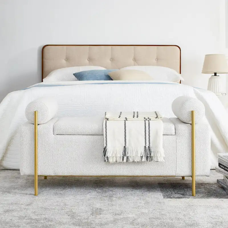 Upholstered Linen Storage Bench with Cylindrical Arms and Gold Metal Legs