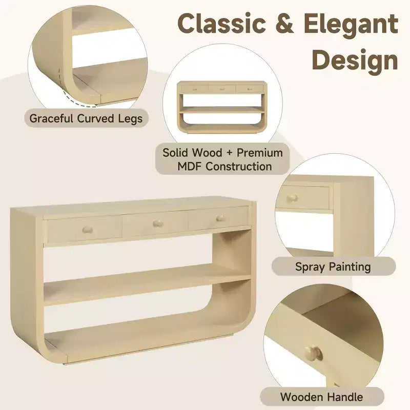 ModernLuxe Curved Console Table Entryway Table Sofa Side Table Display Stand Accent Table with 3 Soft-Close Drawers & 2 Open Shelves