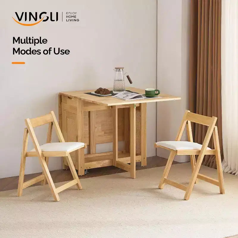 VINGLI Folding Dining Table Set, Extendable Drop Leaf Solid Wood Table with 4 Chairs,rawers & Wheels, Space-Saving for Kitchen