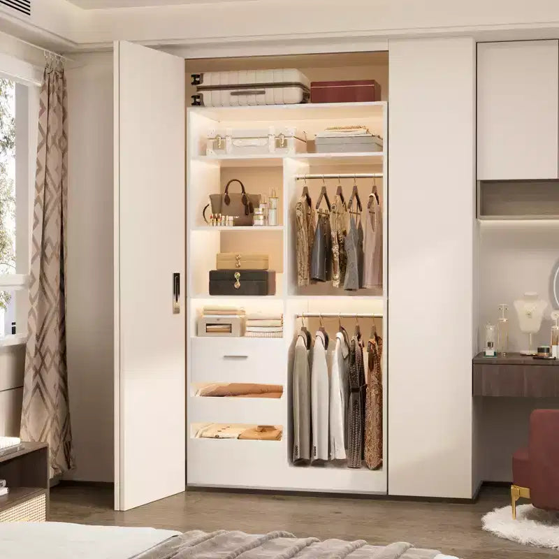 Closet Organizer with Wood Drawers, Freestanding Closet System with Hanging Rods