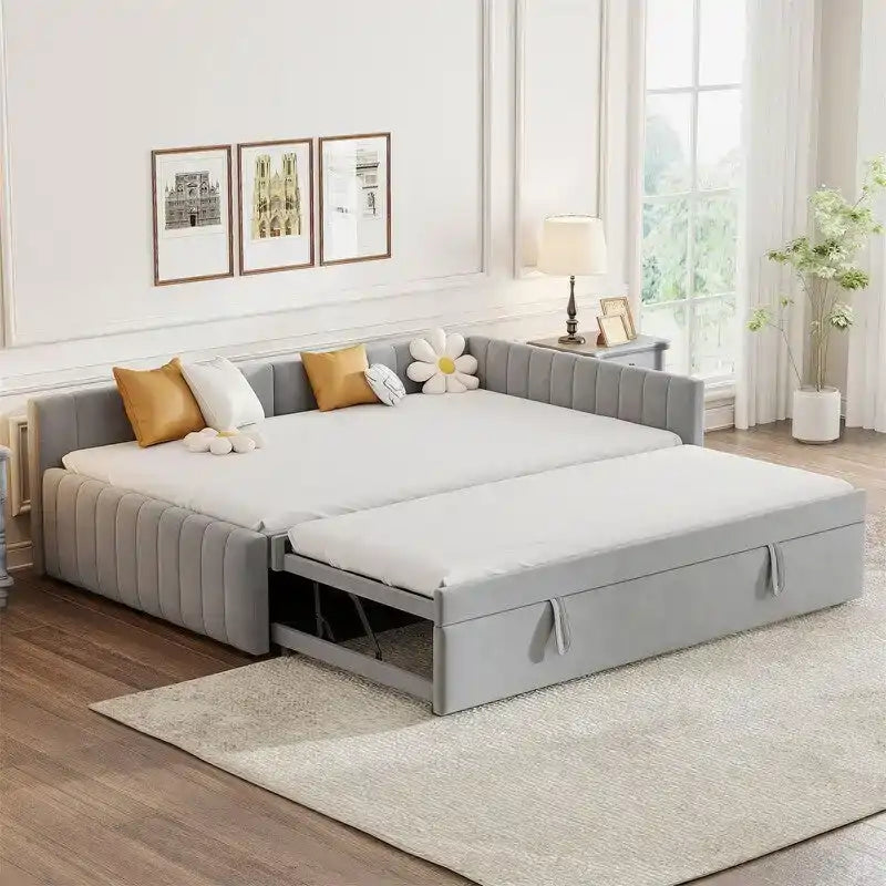 Upholstered Daybed with Twin Size Pop Up Trundle, Full Size Daybed Frame Sofa Bed with L-Shaped Backrest and Striped Design