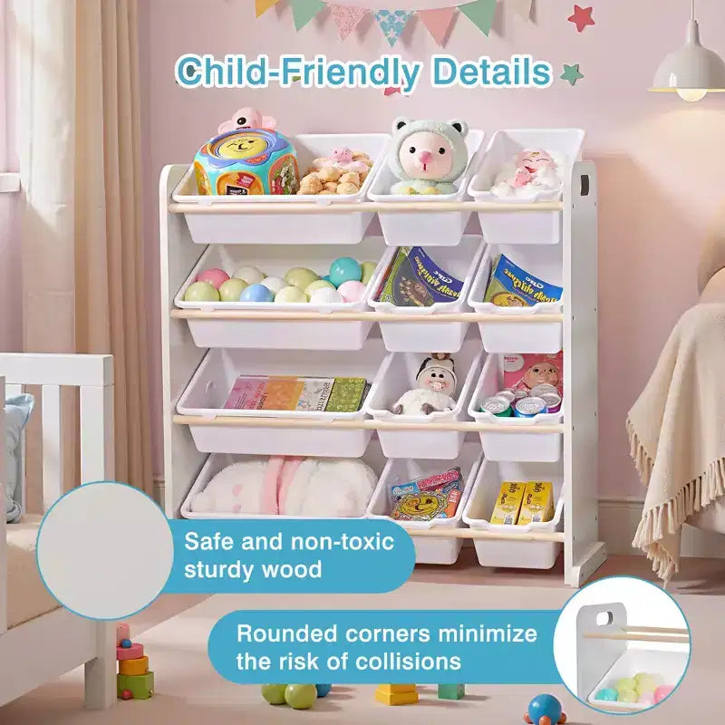 VECELO Kids Bookshelf Toy Storage with 12 Bins, Wooden Toy Rack for Toddlers, Large-Capacity Playroom Storage for Books or Toys
