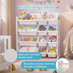 VECELO Kids Bookshelf Toy Storage with 12 Bins, Wooden Toy Rack for Toddlers, Large-Capacity Playroom Storage for Books or Toys