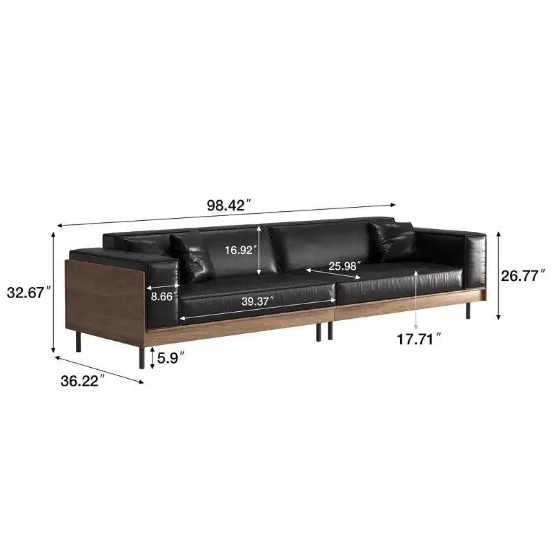 98.42 Contemporary Leather Sofa Couch with Solid Wood Frame, Metal Legs and 3 Accent Pillows