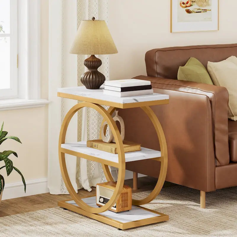 Narrow End Table with 3 Storage Shelves, Wood Side Table for Living Room