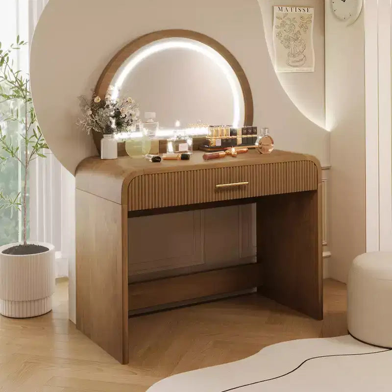 Makeup Vanity Table with Large Mirror and Touch Screen, Vanity Desk with Large Drawer and Arched Corner, Dressing Table for Bedroom