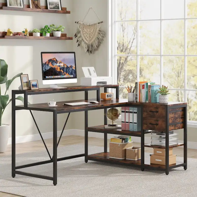 L Shaped Desk with Drawer, Home Office Corner Desk with Storage Shelves and Monitor Stand, Rustic PC Desk for Small Space