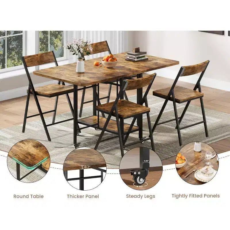 47 5-Piece Farmhouse Folding Dining Set for 4  Wooden Drop Leaf Table on Wheels & 4 Foldable Chairs  Sturdy Steel Frame, Space-Saving for Apartmen