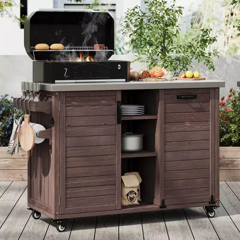 Outdoor Kitchen Island with Foldable Side Table,Outdoor Grill Cart with Stainless Steel Top,Hidden Trash Cabinet for Lawn & Garden