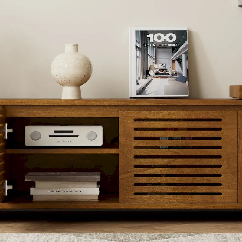 Mid Century Expandable TV Stand with 4 Storage Cabinets and Hollowout Door for Living Room Entertainment Center