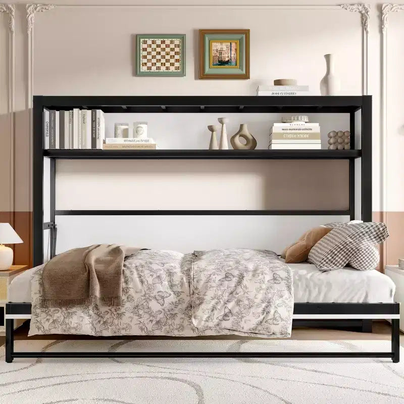 Twin Size Murphy Bed with Shelves, Metal Wall Bed with Foldable Design for Small Space