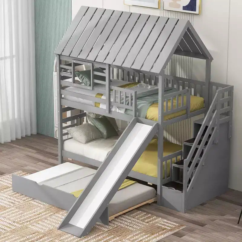 Whisen Twin over Twin House Bunk Bed with Trundle and Slide, Storage Staircase, Roof and Window Design