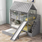 Whisen Twin over Twin House Bunk Bed with Trundle and Slide, Storage Staircase, Roof and Window Design