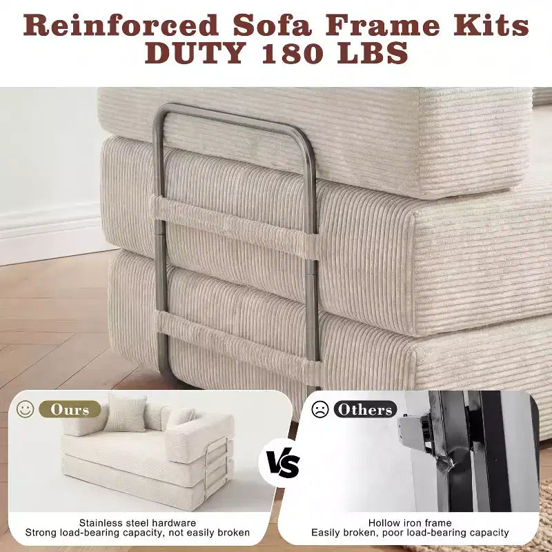 Dyonery 65-in five-in-one folding floor sofa bed, convertible into a double bed sofa bed, with a fixed metal frame, corduroy