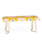 White Checkered Flowers Bench Yellow - Faux Leather Upholstered with Steel Legs