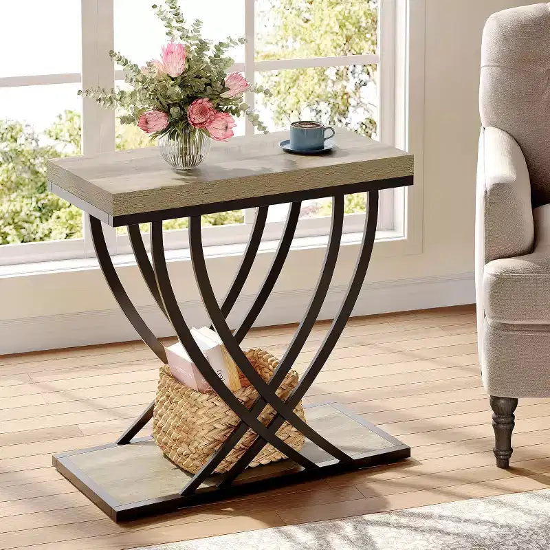 Side Table, 2-Tier Narrow End Table for Living Room, Industrial Bedside Tables with Metal Frame for Bedroom, Sofa Couch, Small Spaces, Grey