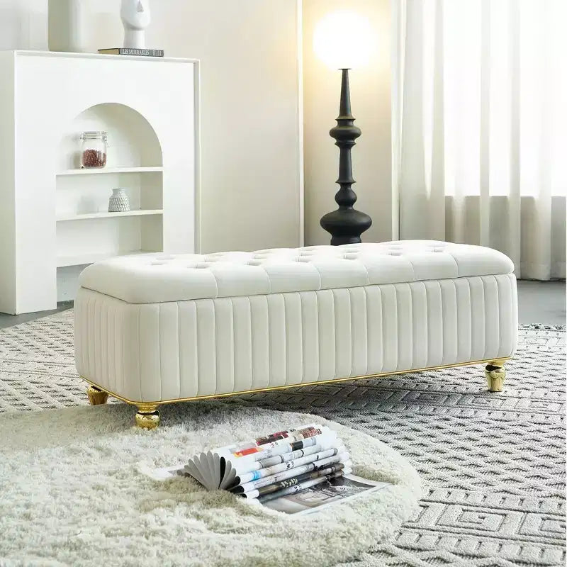 Okak Modern Luxury Flip Top Deep Button Ottoman Bench with Gold Decor & Metal Legs,Upholstered Storage Bench for Living Room,Bedroom