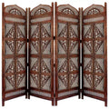 Benzara Traditional Four Panel Wooden Room Divider with Hand Carved Details Antique Brown