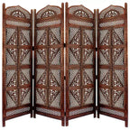Benzara Traditional Four Panel Wooden Room Divider with Hand Carved Details Antique Brown