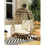 Egg Chair, Wicker Egg Chair with Plush Cushion, Steel Frame and Metal Base, Lounge Chair for Indoor & Outdoor Patio, Living Room, and Backyard