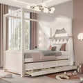 Twin/Full Size Platform Bed with Trundle, Princess Wood Canopy Bed with 3 Drawers, Storage Bed with Upholstered Headboard for Bedroom