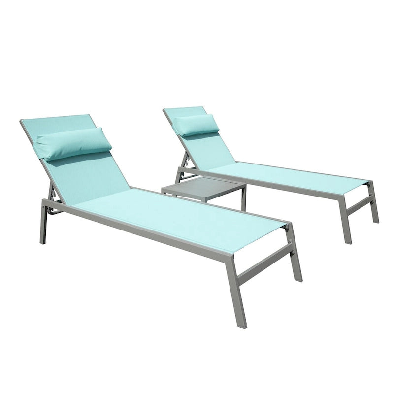 Patio Chaise Lounge Set of 3, Aluminum Pool Lounge Chairs with Side Table, Outdoor Adjustable Recliner All Weather