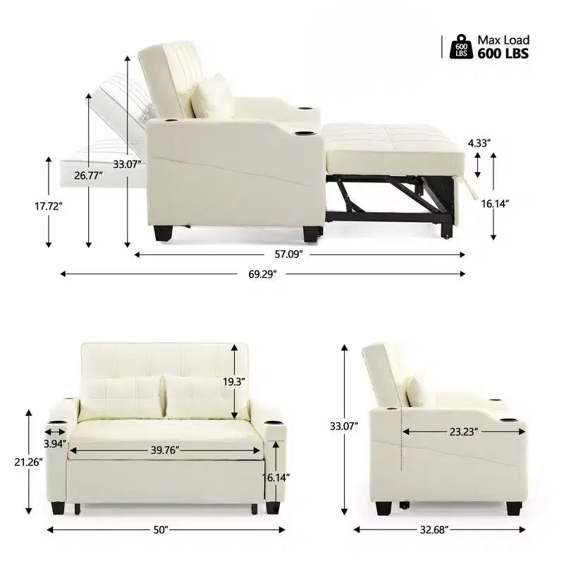Upholstered Cats Claw Leather Convertible Reclining Sleeper Sofa Bed With Cushions For Small Spaces