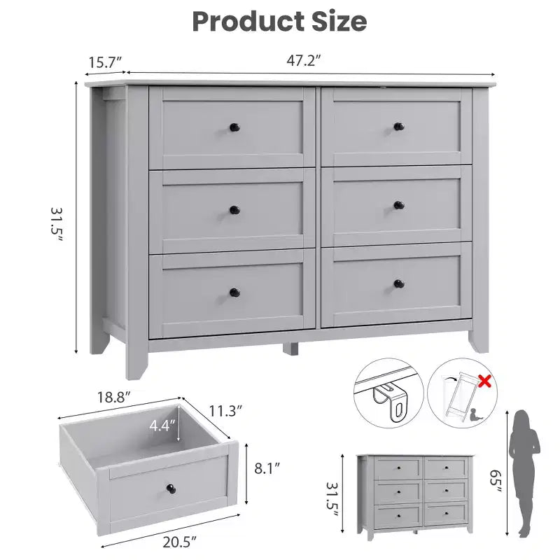 6 Drawer Dresser for Bedroom, Large Dresser with Deep Drawers & Metal Knobs, Modern Wooden Chests of Drawers for Entryway, Hallway