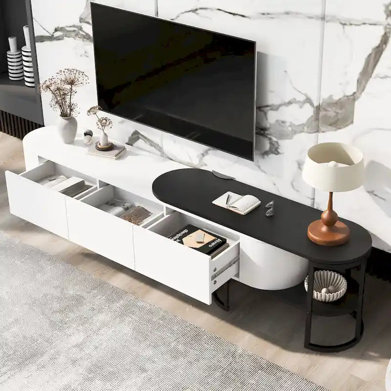 Modern Black White Retractable TV Stand with 3 Drawers and Metal Adjustable Legs for Living Room Bedroom