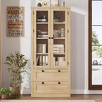 Farmhouse Kitchen Pantry Cabinet with Glass Doors, 72in Storage Cupboard with Drawers and Adjustable Shelves for Dining Room Bathroom Living Room