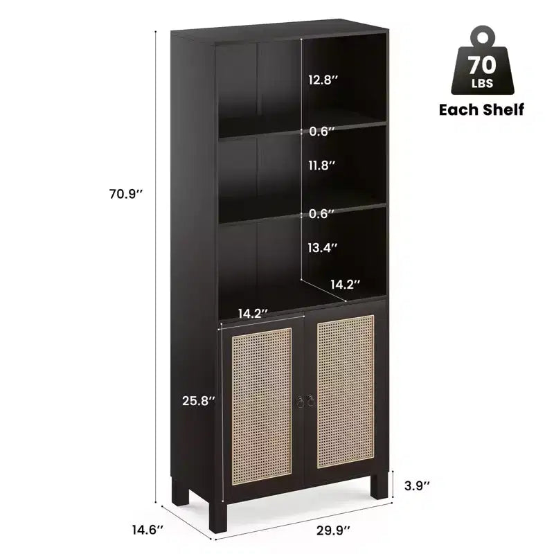 TUYOHW Tall Bookcase with Rattan Doors,5-Shelf Freestanding Storage Cabinet,Bookshelf for Living Room,Bedroom,Home Office