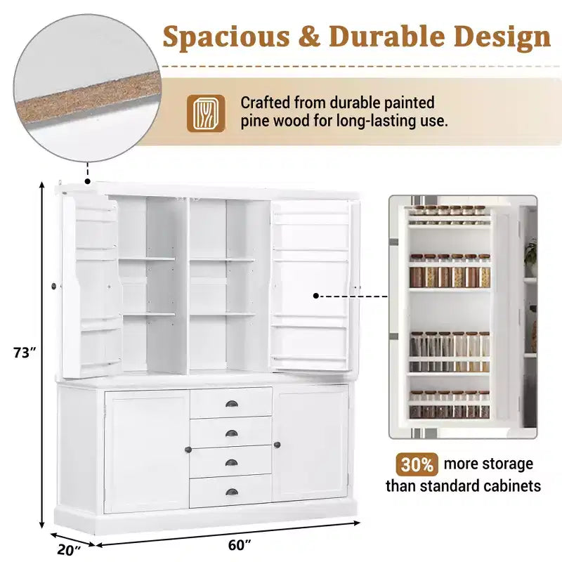 Whisen 73 Freestanding Wooden Kitchen Pantry Cabinet with Drawers and Adjustable Shelves for Storage and Organization in Dining Room or Kitchen
