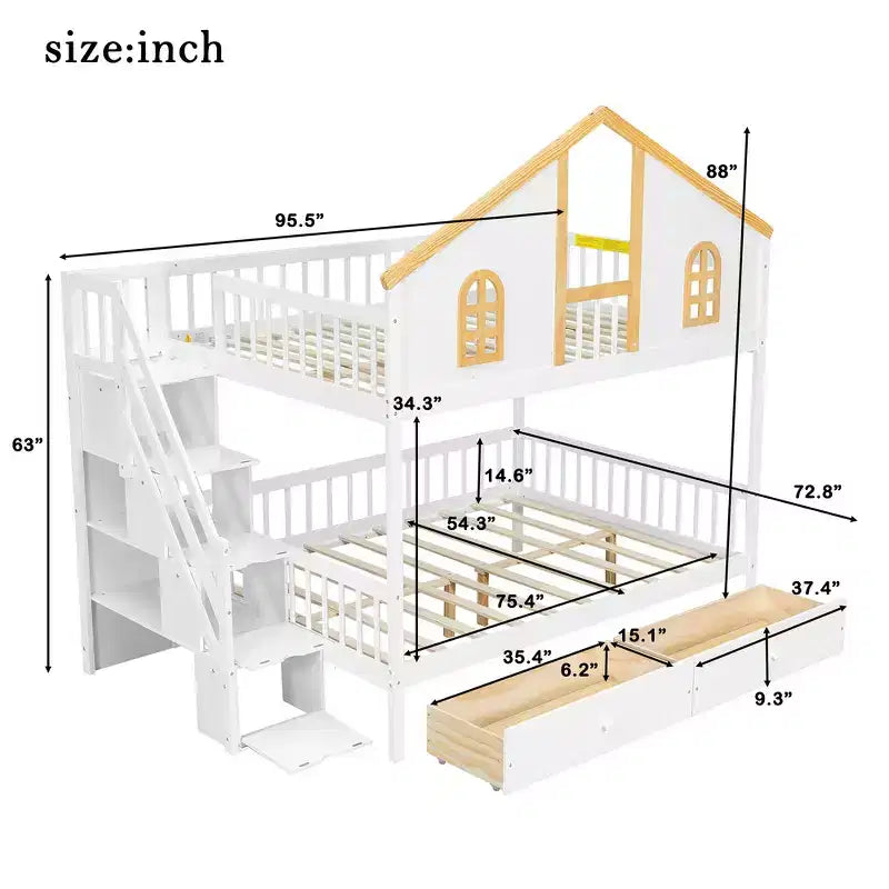 Whisen Twin Size Bunk Bed with Window Door and Roof, Storage Drawers and Staircase