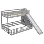 Twin over Full Bunk Bed with Slide, Storage Staircase, Safety Guardrails and Solid Pine Wood Frame, White/Grey