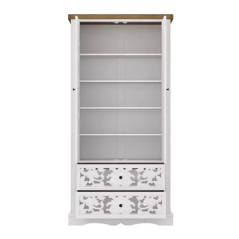 Famapy White Bookcase with Classic Aesthetics:Ornate Hollow Relief Doors & Versatile Storage